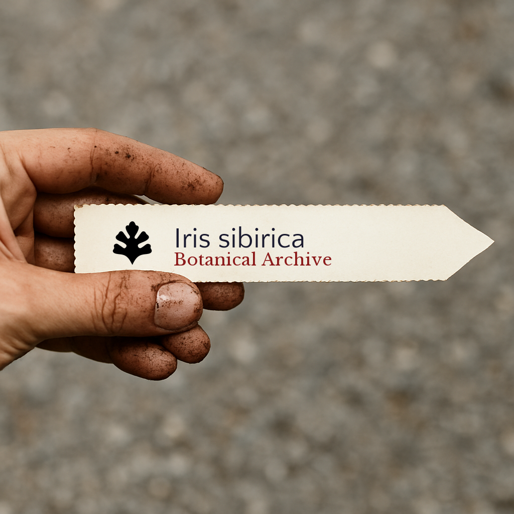 Printed plant label for Iris sibirica with botanical archive logo held by dirty hand