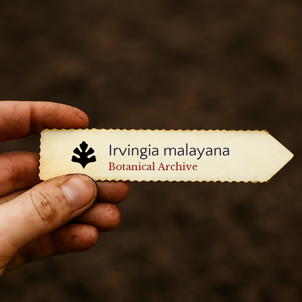 Printed plant label for Irvingia malayana held by dirty hand over soil background