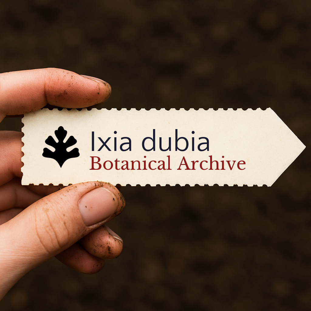 Printed plant label for Ixia dubia held by hand with soil background
