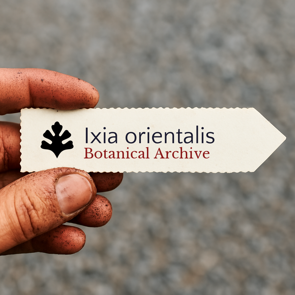Printed plant label for Ixia orientalis held by dirty hand with blurred background