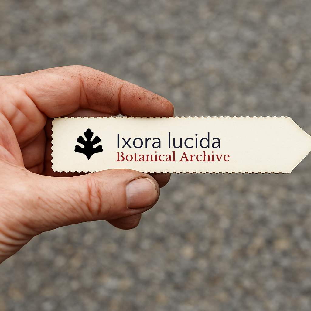 Printed plant label for Ixora lucida Botanical Archive held in hand