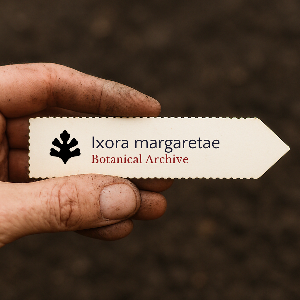 Etichetta per pianta stampata per Ixora margaretae tenuta da mano sporca su sfondo di terreno