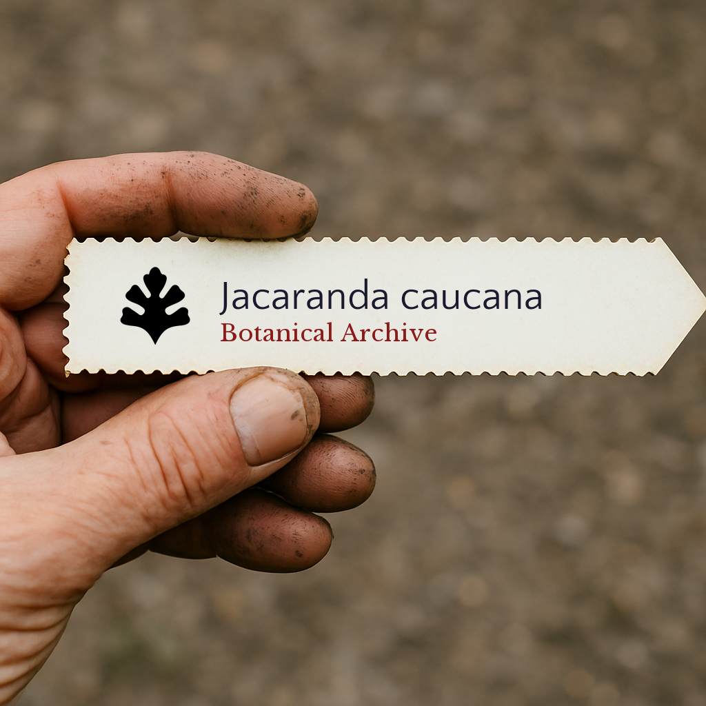 Etichetta per pianta stampata per Jacaranda caucana tenuta da una mano sporca all'aperto