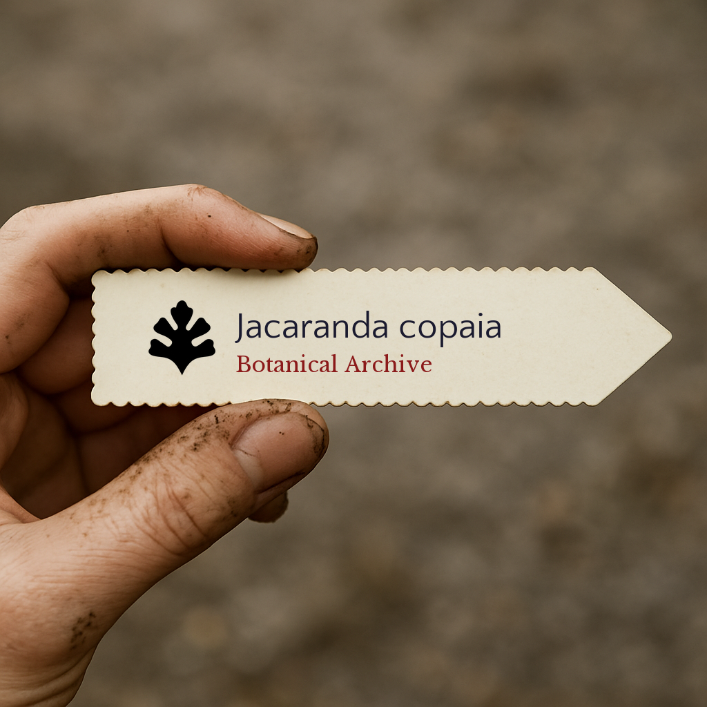 Printed plant label for Jacaranda copaia held by dirty hand outdoors