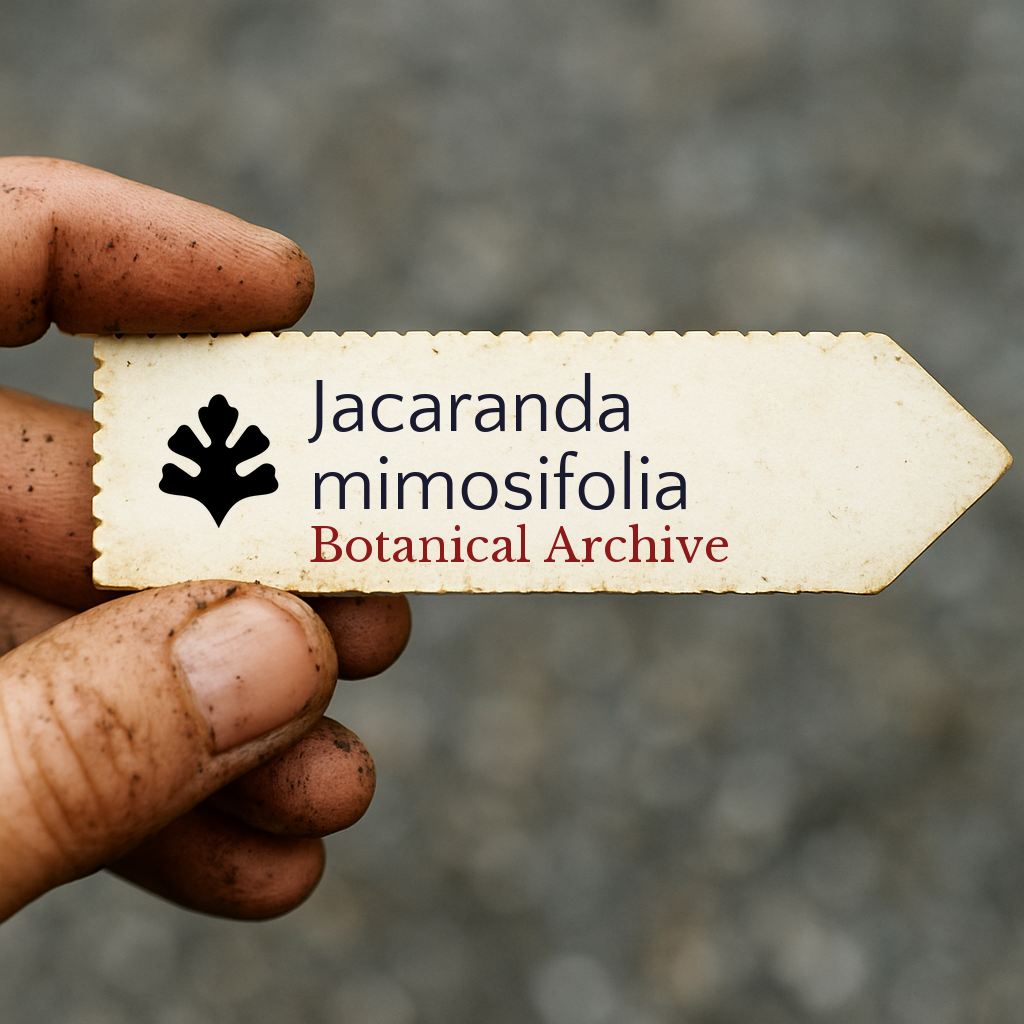Etichetta per pianta stampata per Jacaranda mimosifolia tenuta da una mano sporca all'aperto