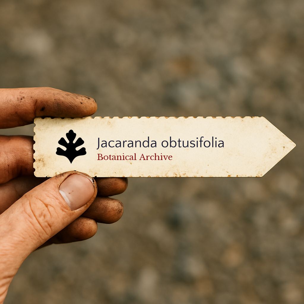 Etichetta stampata per pianta di Jacaranda obtusifolia tenuta da mano sporca all'aperto