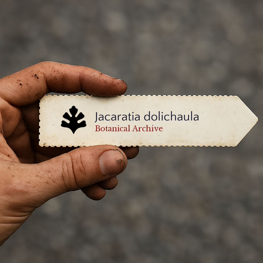 Printed plant label for Jacaratia dolichaula held by a dirty hand against blurred background