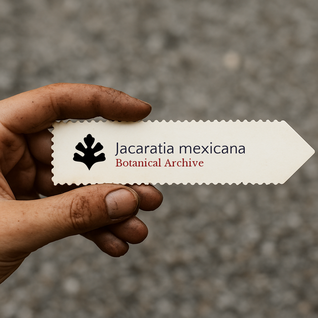 Etichetta stampata per pianta di Jacaratia mexicana tenuta a mano con terra sulle dita