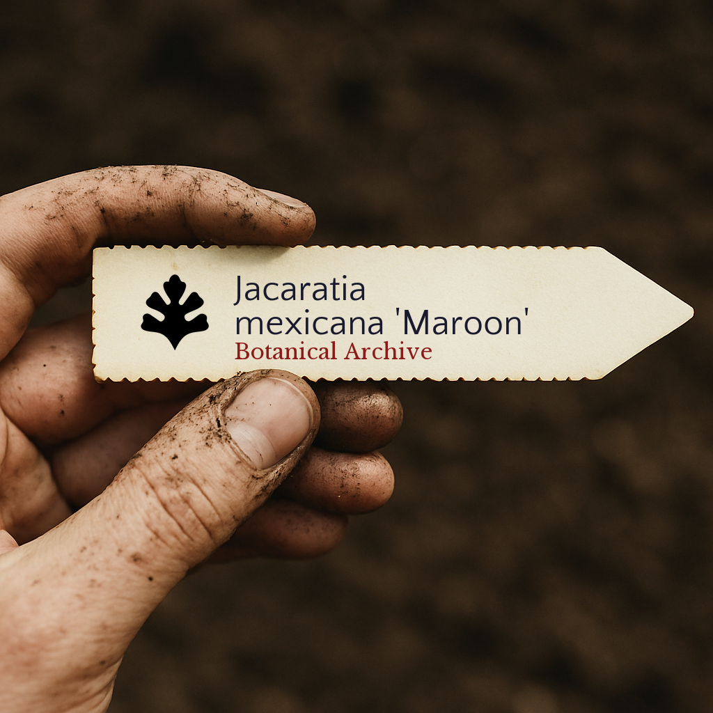 Printed plant label for Jacaratia mexicana 'Maroon' held by dirty hand over soil background