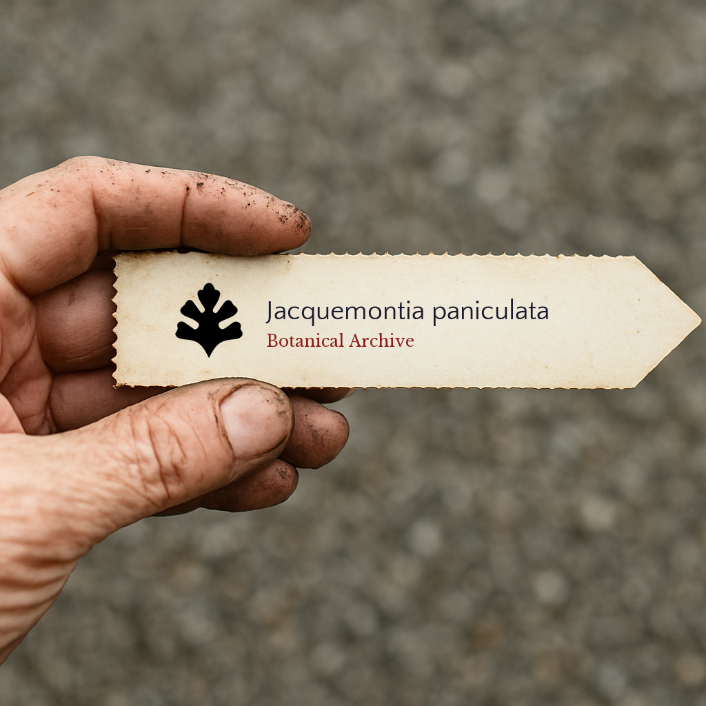 Etichetta per pianta stampata per Jacquemontia paniculata tenuta da una mano sporca all'aperto