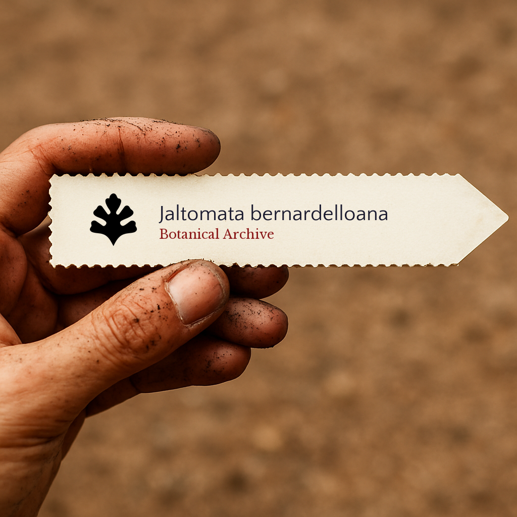 Etichetta stampata per pianta di Jaltomata bernardelloana tenuta in mano con sfondo di terra