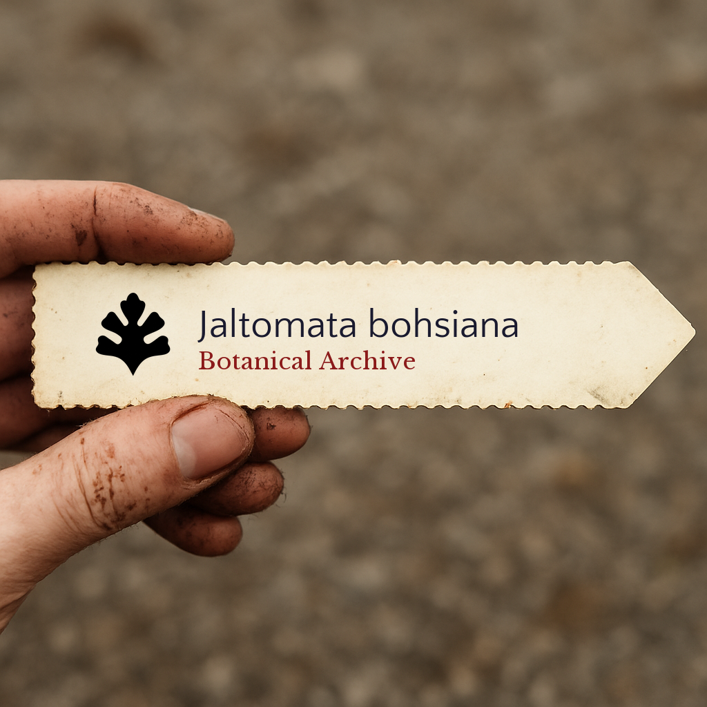Printed plant label for Jaltomata bohsiana held by dirty hand outdoors
