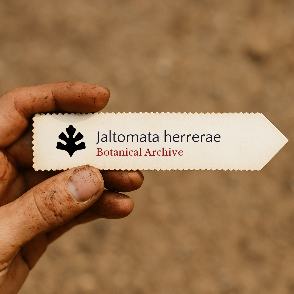 Printed plant label for Jaltomata herrerae held by hand with soil background