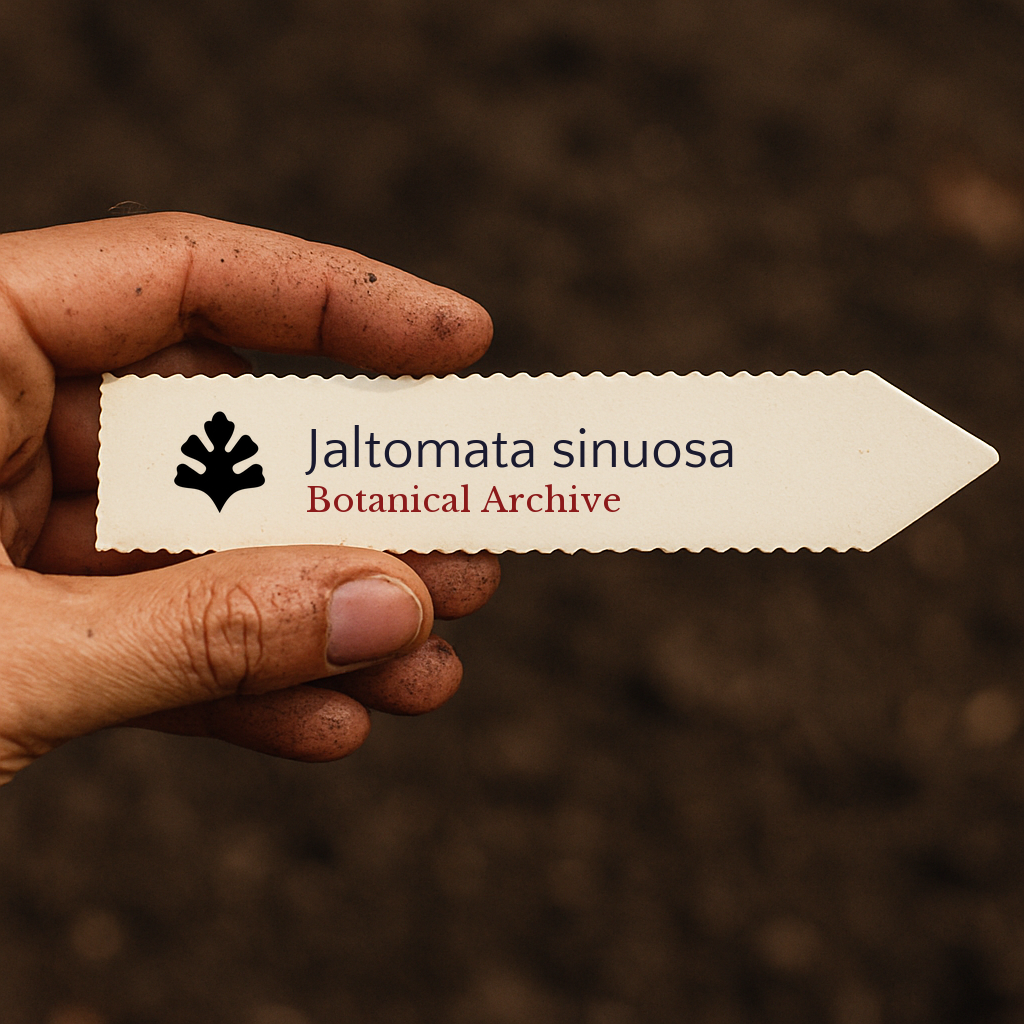 Printed plant label for Jaltomata sinuosa with leaf logo held by dirty hand