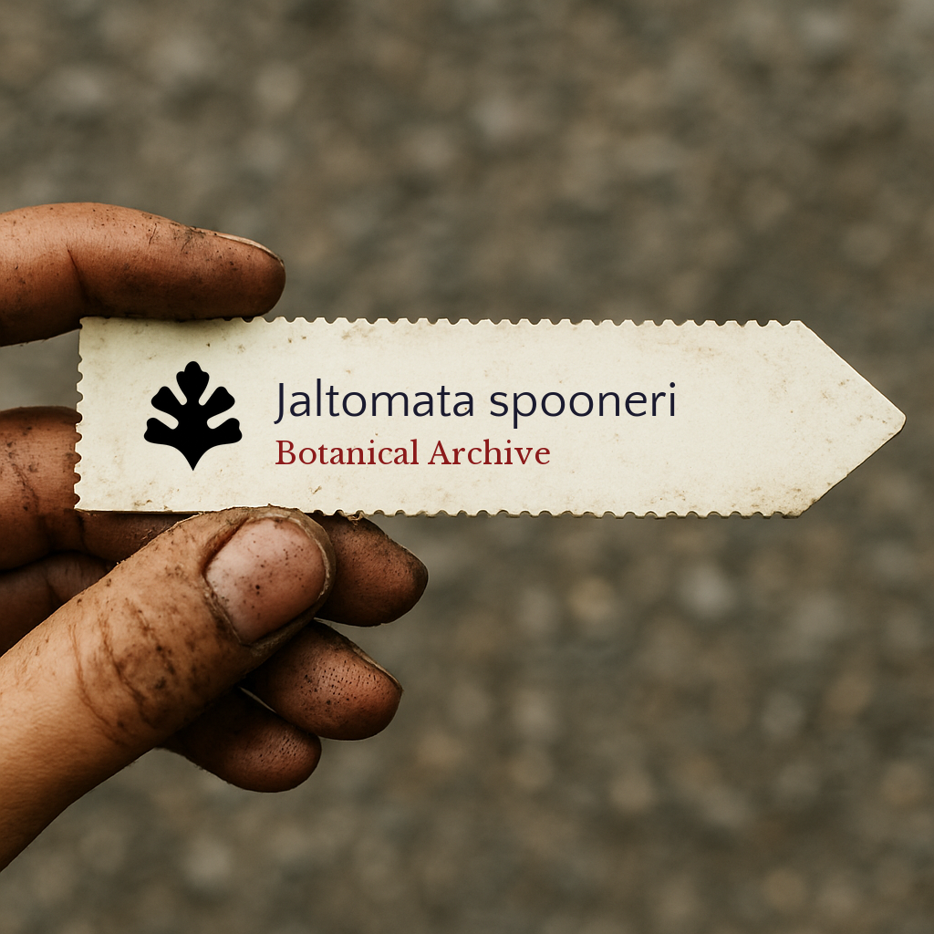 Printed plant label for Jaltomata spooneri held by dirty hand outdoors