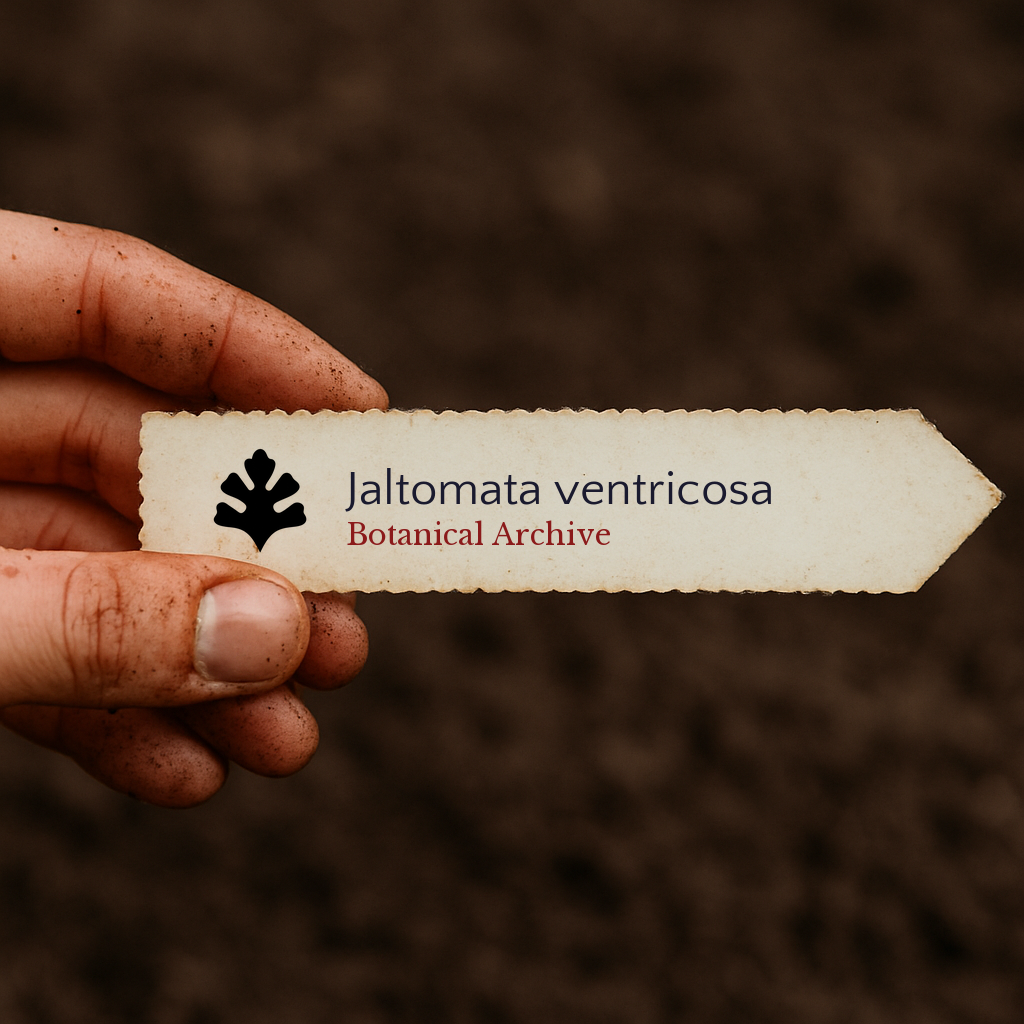Etichetta per pianta stampata per Jaltomata ventricosa con il logo Botanical Archive tenuta a mano