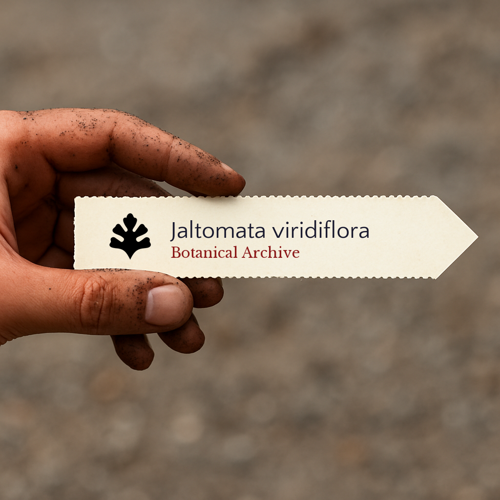 Printed plant label for Jaltomata viridiflora held by dirty hand outdoors