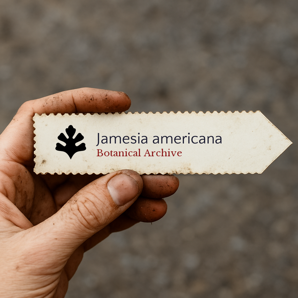 Printed plant label for Jamesia americana held by a dirt-stained hand outdoors