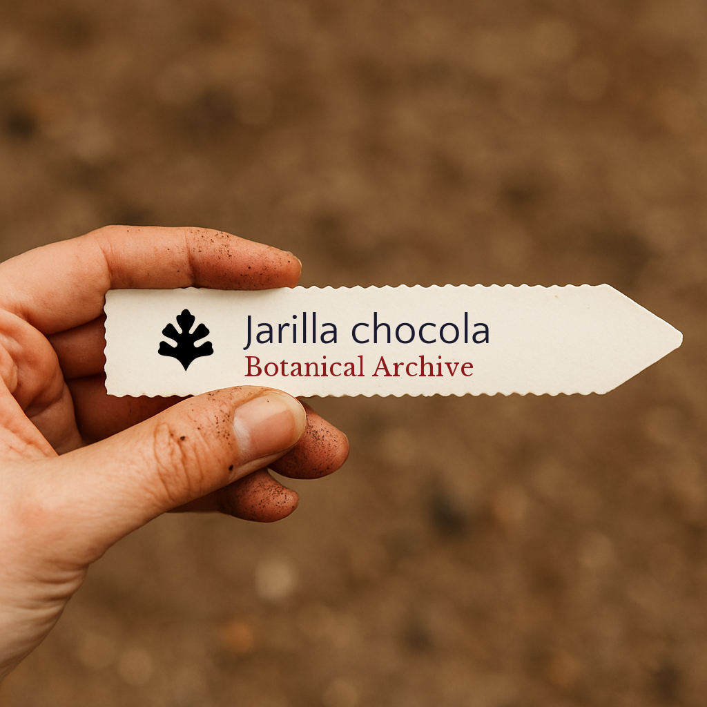 Printed plant label for Jarilla chocola held by hand over soil background