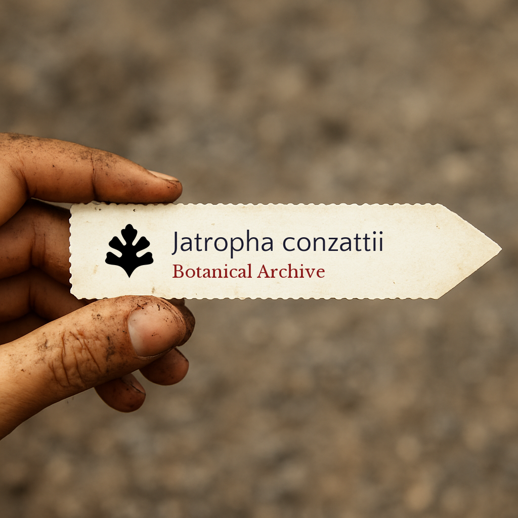 Printed plant label for Jatropha conzattii held by dirty hand with blurred background