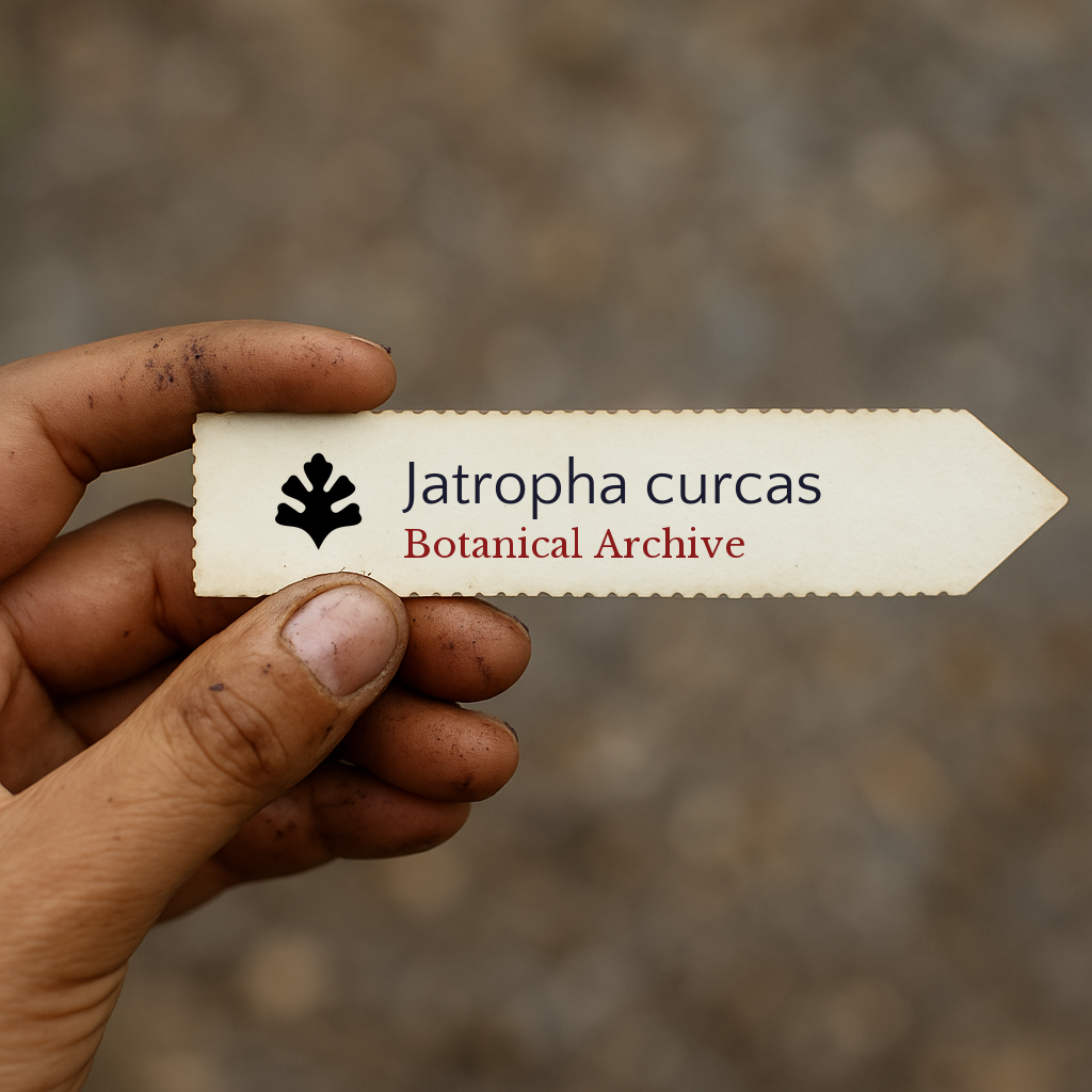 Etichetta stampata per pianta di Jatropha curcas tenuta a mano con sfondo di terra