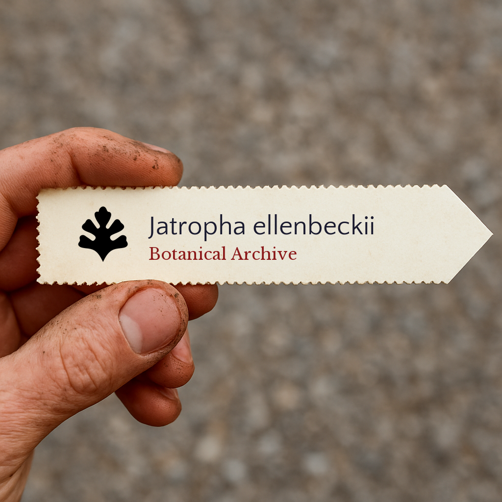 Printed plant label for Jatropha ellenbeckii held by dirty hand outdoors