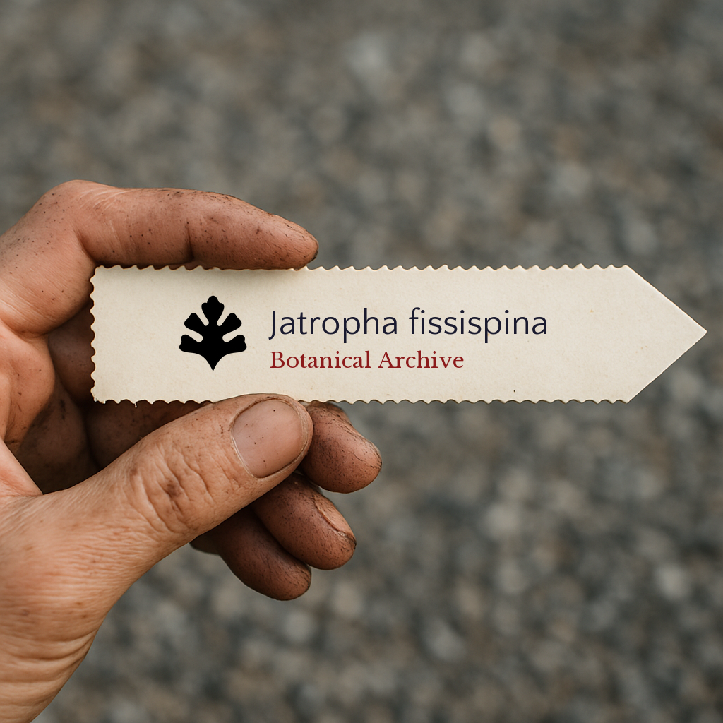 Printed plant label for Jatropha fissispina held by dirty hand outdoors