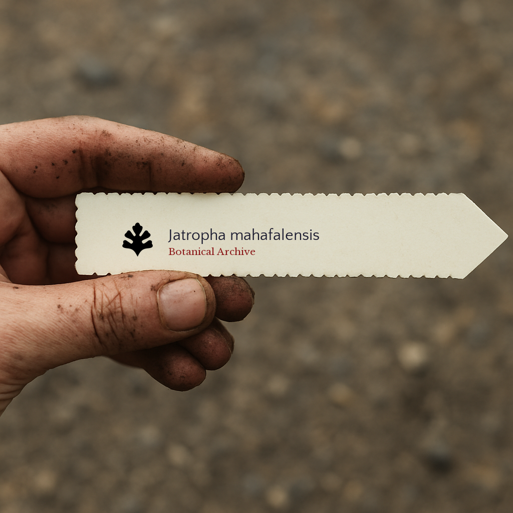 Printed plant label for Jatropha mahafalensis held by dirty hand outdoors