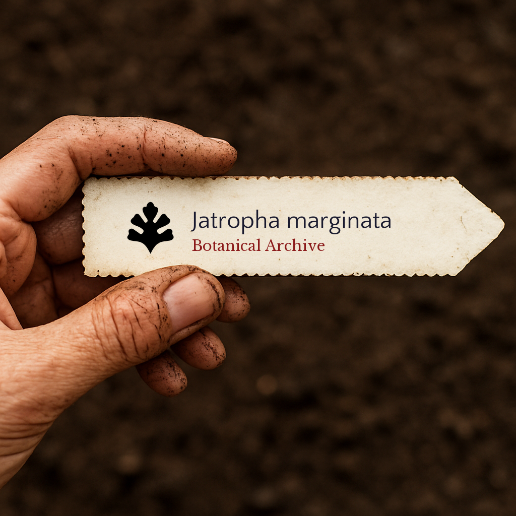 Printed plant label for Jatropha marginata held by dirty hand over soil background