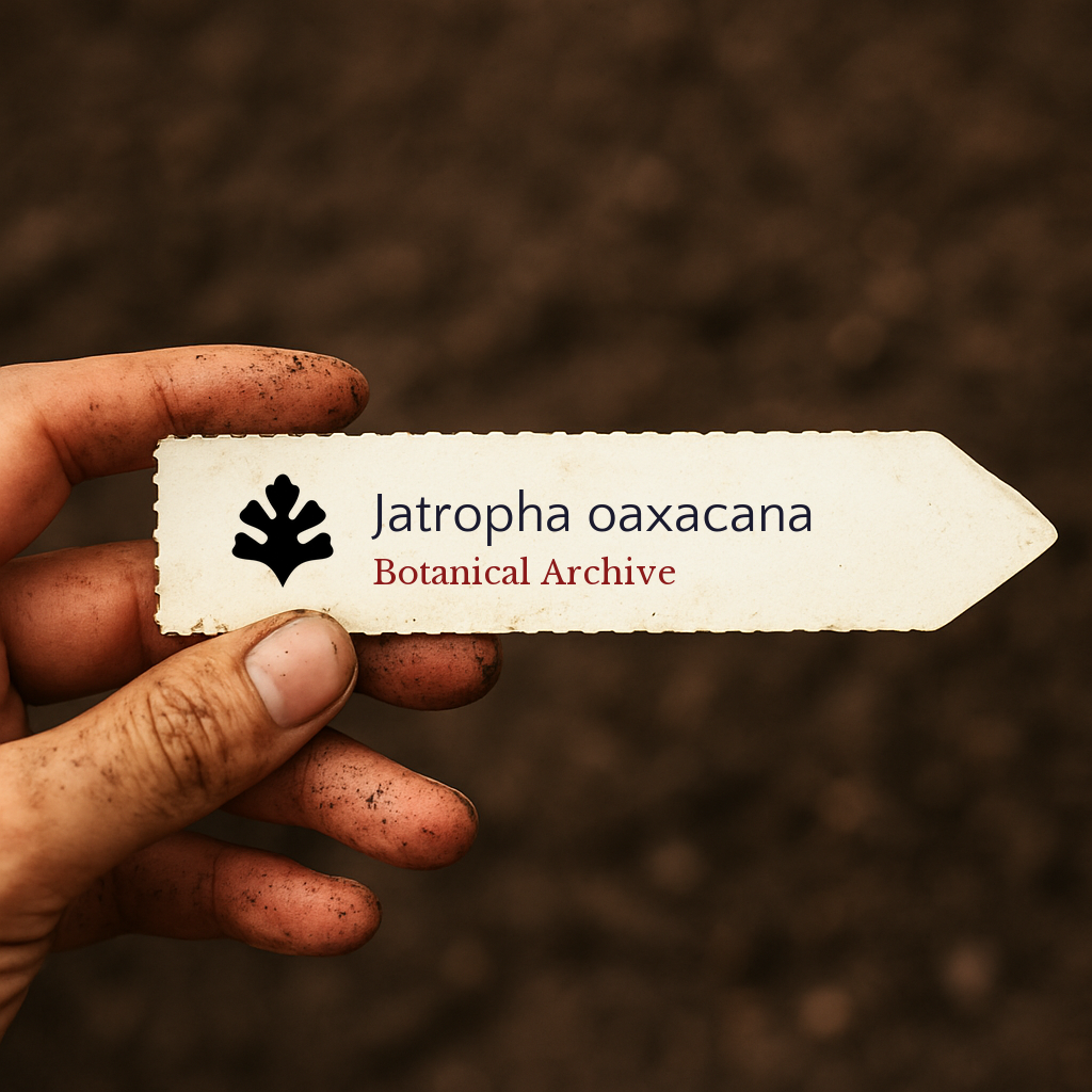 Etichetta stampata per pianta di Jatropha oaxacana tenuta da mano sporca su sfondo di terreno
