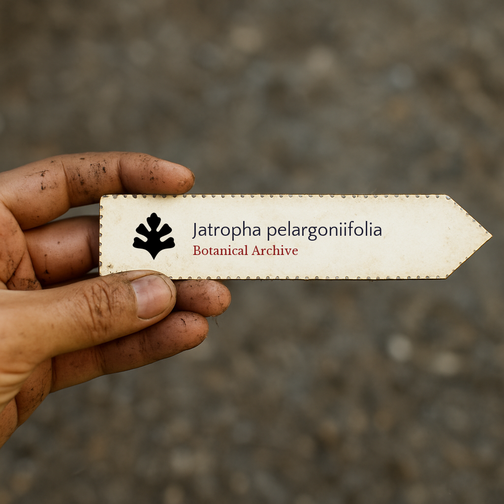 Printed plant label for Jatropha pelargoniifolia held by dirty hand outdoors