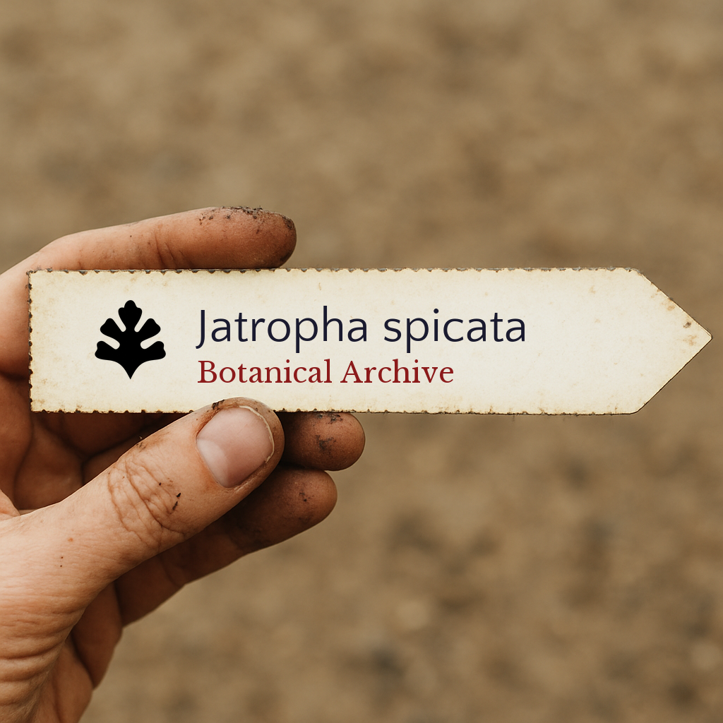 Printed plant label for Jatropha spicata held by hand with soil background