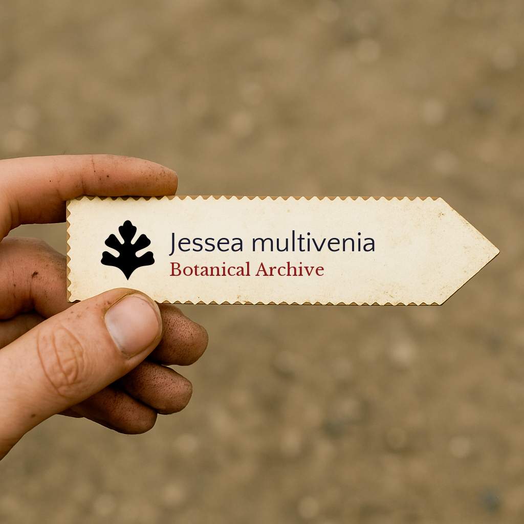 Printed plant label for Jessea multivenia with botanical archive logo held by hand