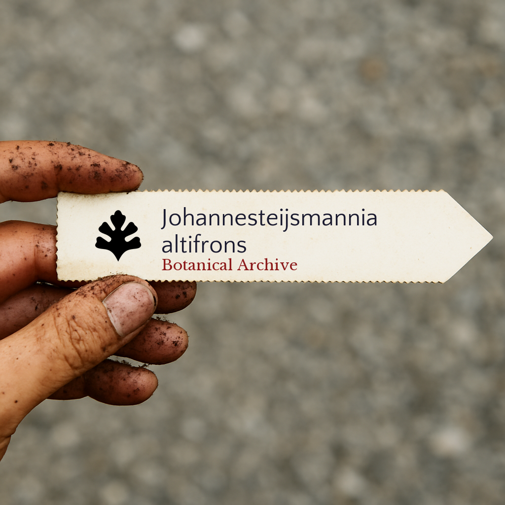 Etichetta stampata per pianta di Johannesteijsmannia altifrons tenuta da una mano sporca all'aperto
