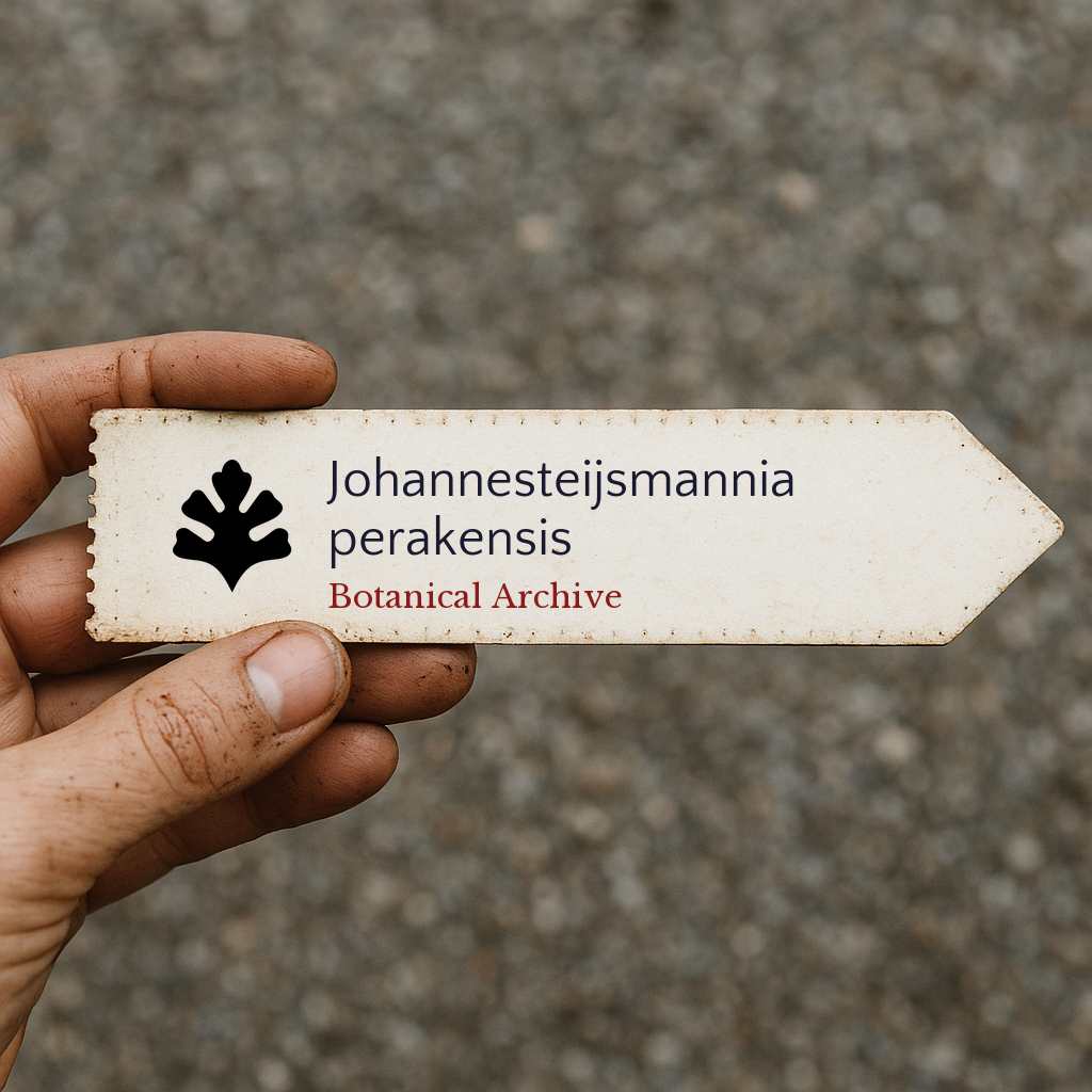 Printed plant label for Johannesteijsmannia perakensis held by hand with dirt background