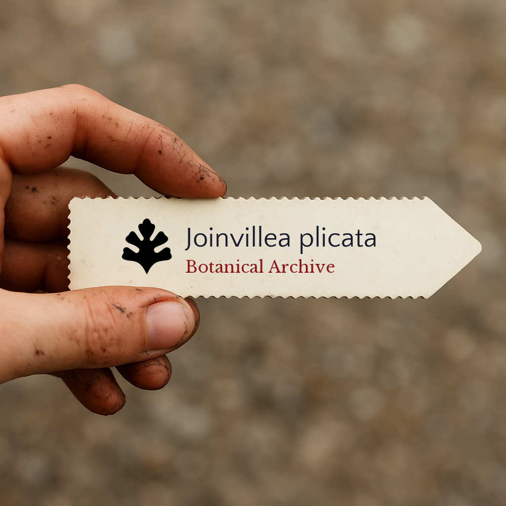 Etichetta botanica stampata per Joinvillea plicata tenuta in mano con terra nel terreno