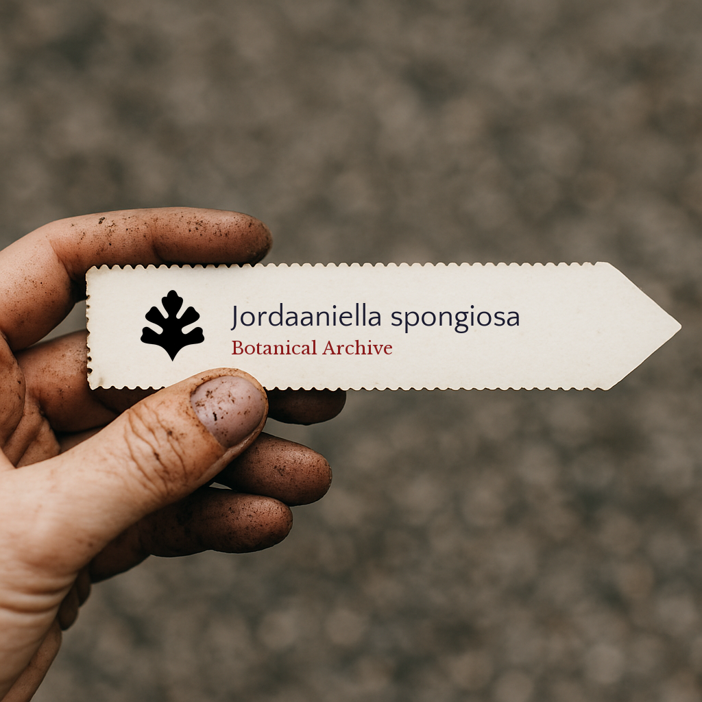 Etichetta botanica stampata per Jordaaniella spongiosa tenuta da mano sporca all'aperto