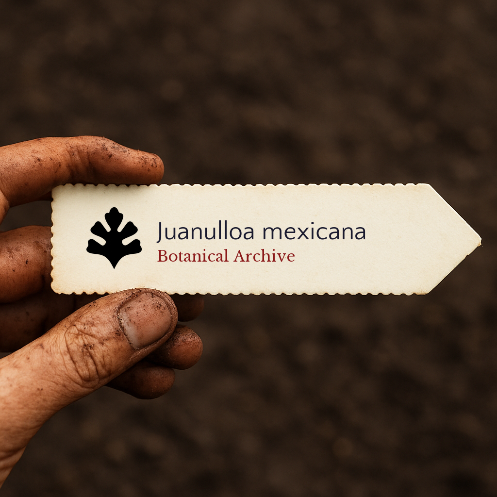 Etichetta per pianta stampata per Juanulloa mexicana con logo Botanical Archive su sfondo di terreno