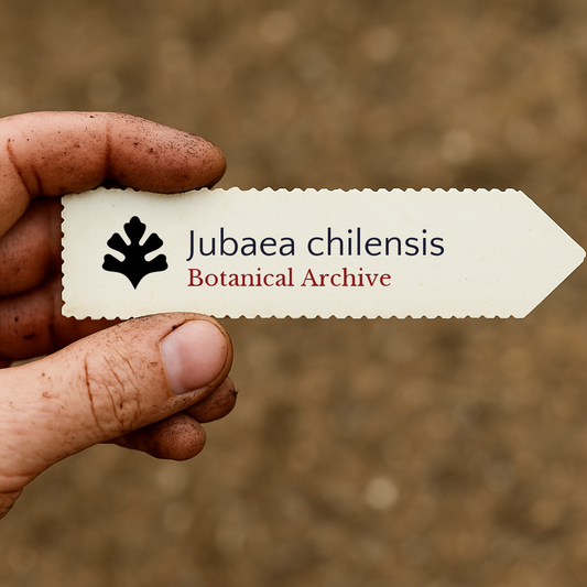 Printed plant label for Jubaea chilensis held by dirty hand over soil background