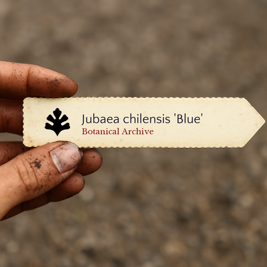 Printed plant label for Jubaea chilensis 'Blue' held by dirty hand outdoors
