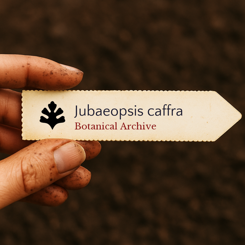Etichetta della pianta stampata per Jubaeopsis caffra tenuta da mano sporca su sfondo di terreno