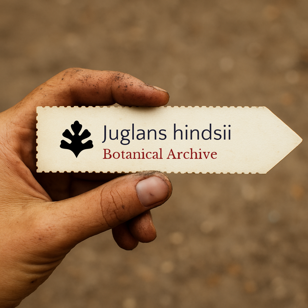 Printed plant label for Juglans hindsii held by hand with dirt background