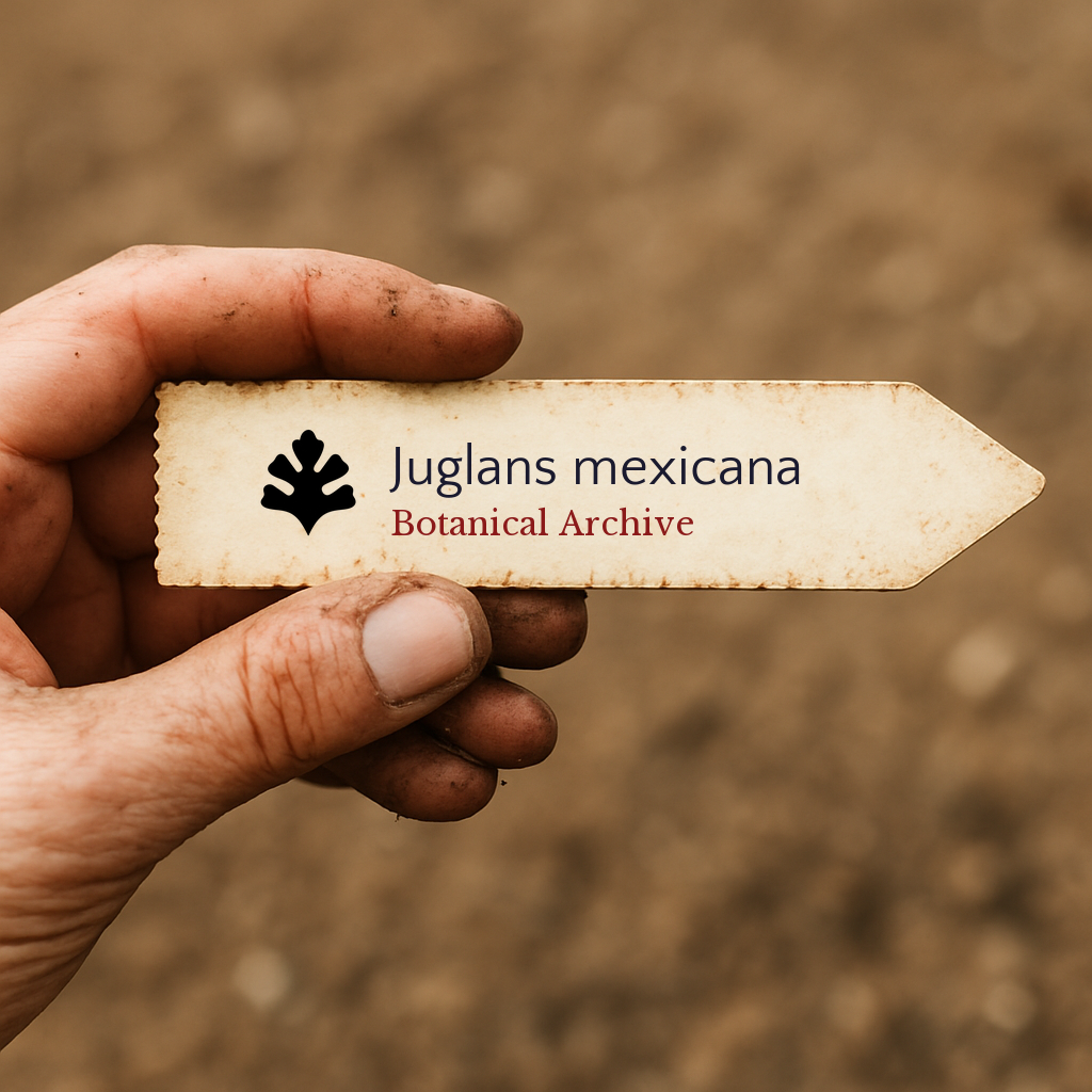 Printed plant label for Juglans mexicana held by hand with soil background