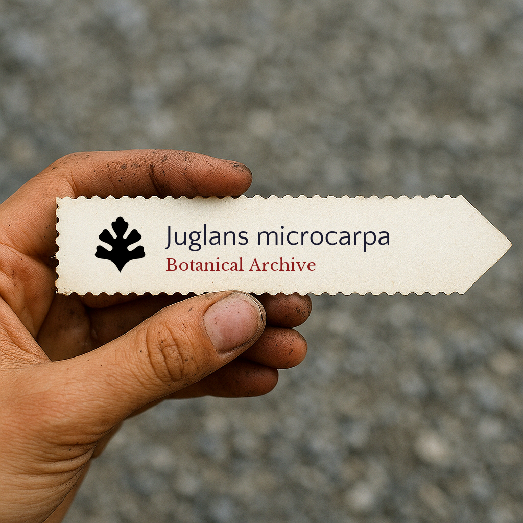 Printed plant label for Juglans microcarpa held by a dirty hand outdoors