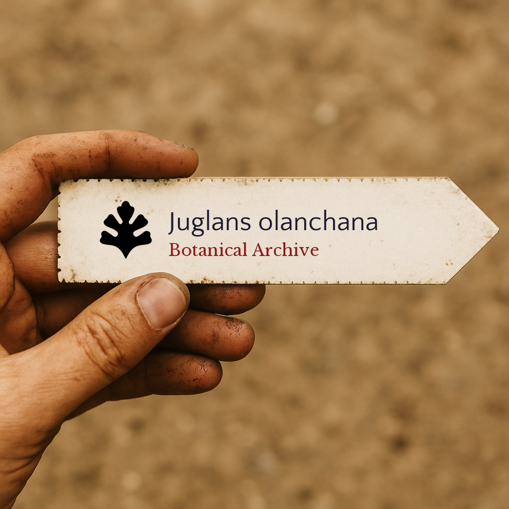 Etichetta stampata per pianta di Juglans olanchana tenuta in mano con sfondo di terreno
