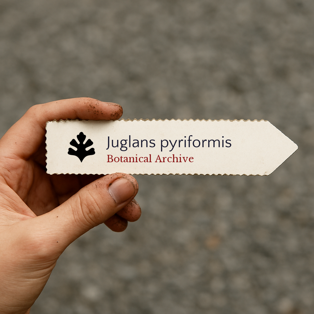 Printed plant label for Juglans pyriformis held by hand with soil on fingers
