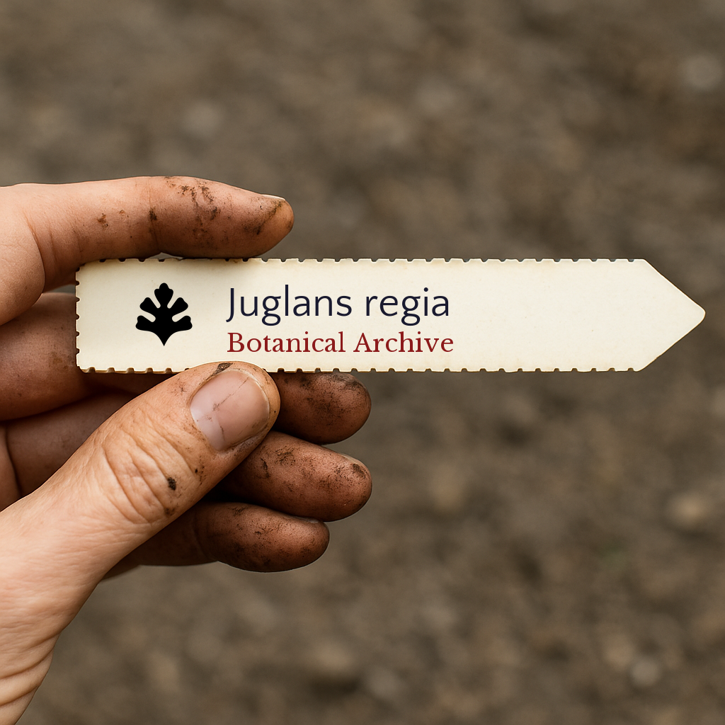 Printed plant label for Juglans regia held by dirty hand over soil background