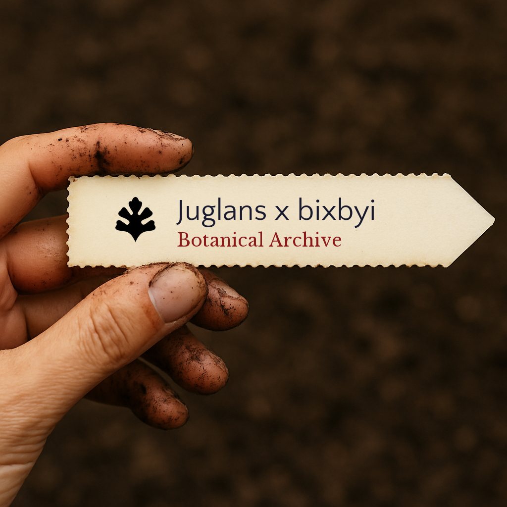 Printed plant label for Juglans x bixbyi held by dirty hand over soil background