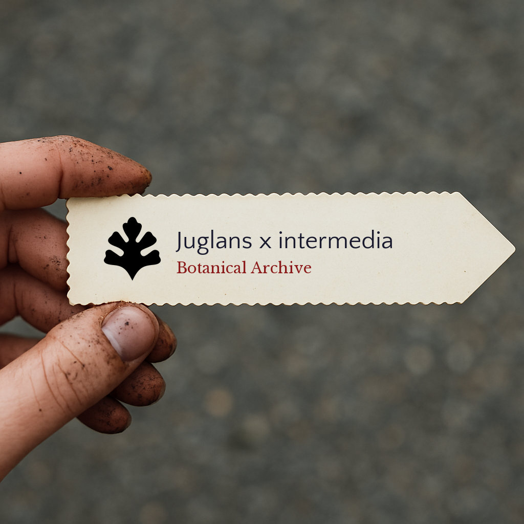 Printed plant label for Juglans x intermedia with botanical archive logo held by dirty hand