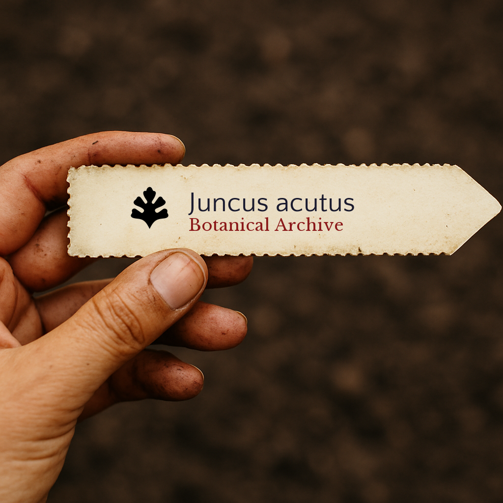 Printed plant label for Juncus acutus held by a hand with soil background
